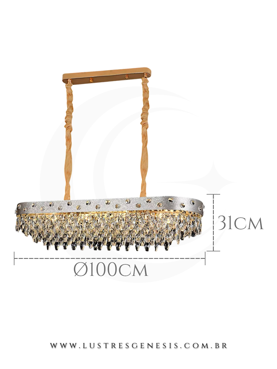 Lustre pendente de cristal dourado com prata retangular, 100x31cm, modelo Bulty, ideal para sala de jantar, com lâmpadas E-14.